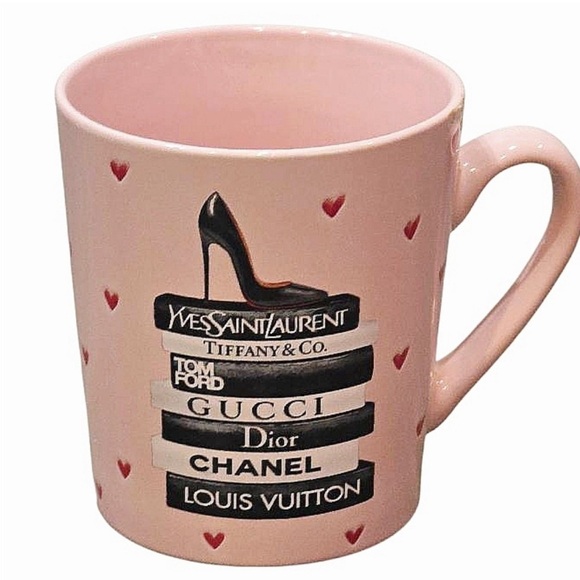 Fig & Fern Other - Designer Pink Mug with Heart Accents, Features a Stiletto Atop Designer Books